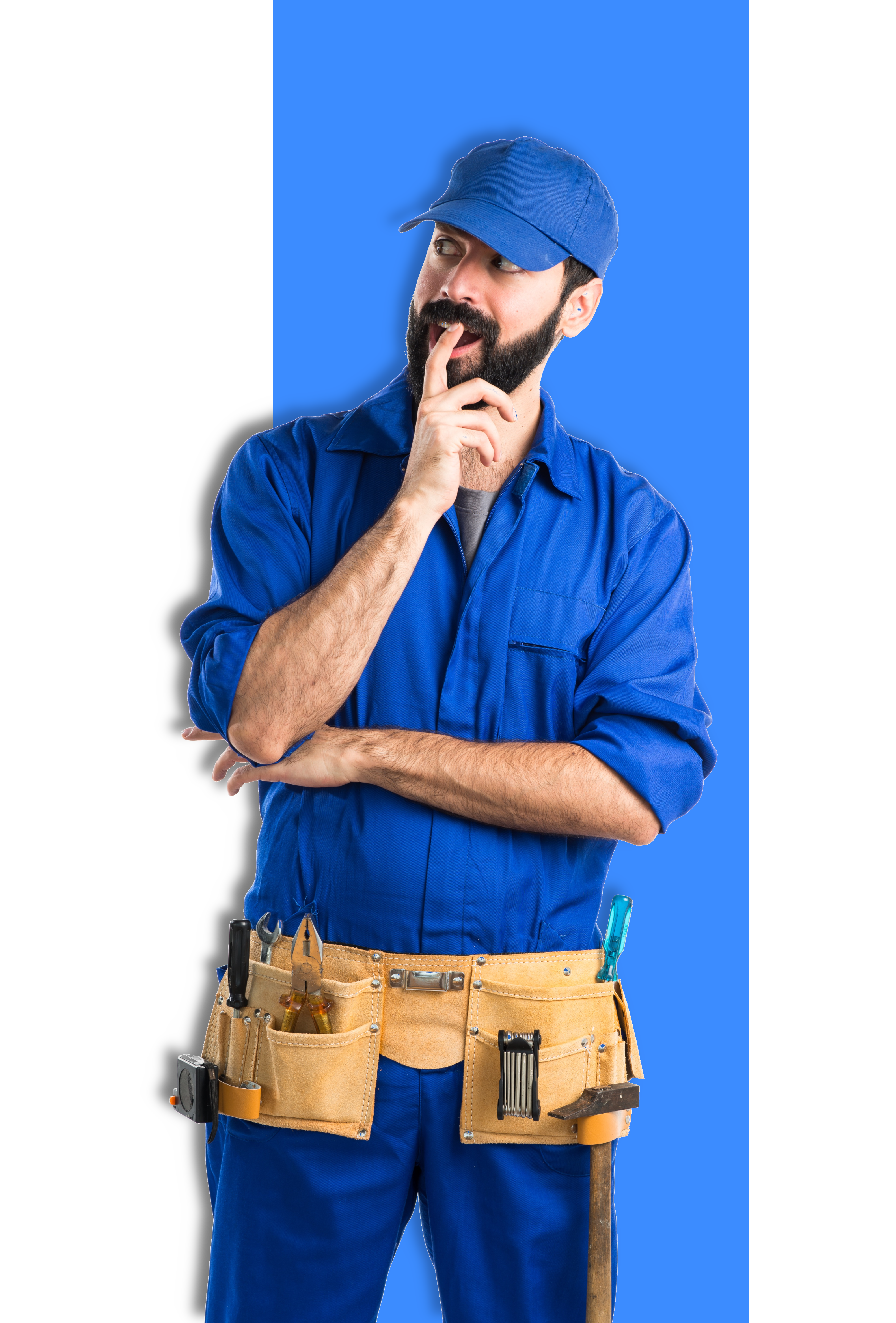 foto de um trabalhador com roupa azul e um cinto de ferramentas